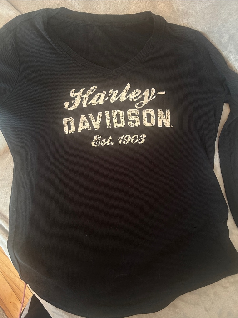 Harley-Davidson Black Long Sleeve V-Neck with Distressed White Logo